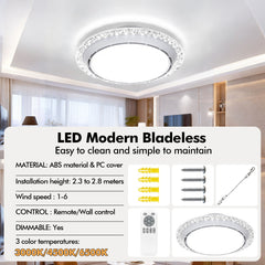 LED Ceiling Fan Light, LED Ceiling Light with Fan, Bladeless Ceiling Fan Light, 3 Switchable Colour Temperatures (3000K/4500K/6500K), Adjustable Brightness, Suitable for Kitchen, Living Room And Bedroom Lighting, Comes with A Remote Control