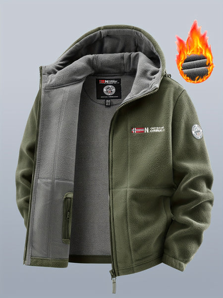 Men's winter fleece warm hooded jacket with thickened multiple pockets, windproof and cold proof jacket