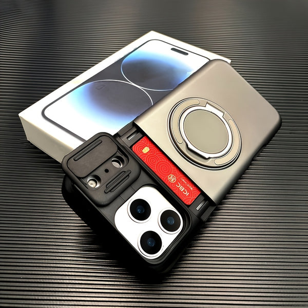 Phone Case - Luxury Armored Phone Case for Iphone 17 Pro Max Sliding Lens Cover Protection 360 Degree Rotating Bracket Card Holder Design Adsorption Car Mount Shockproof Anti Shock Protection Cover