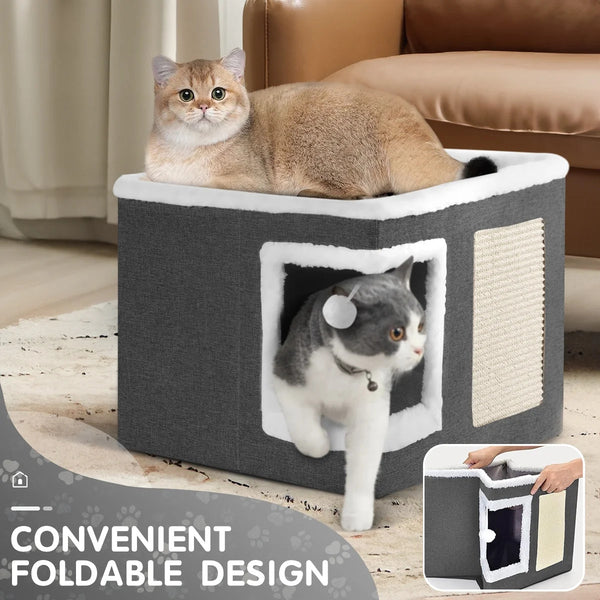 1pc Large Cat Cube House Cosy Foldable Bed Pet Cave Furry Soft Cushions Scratch Pads 42X42X36CM