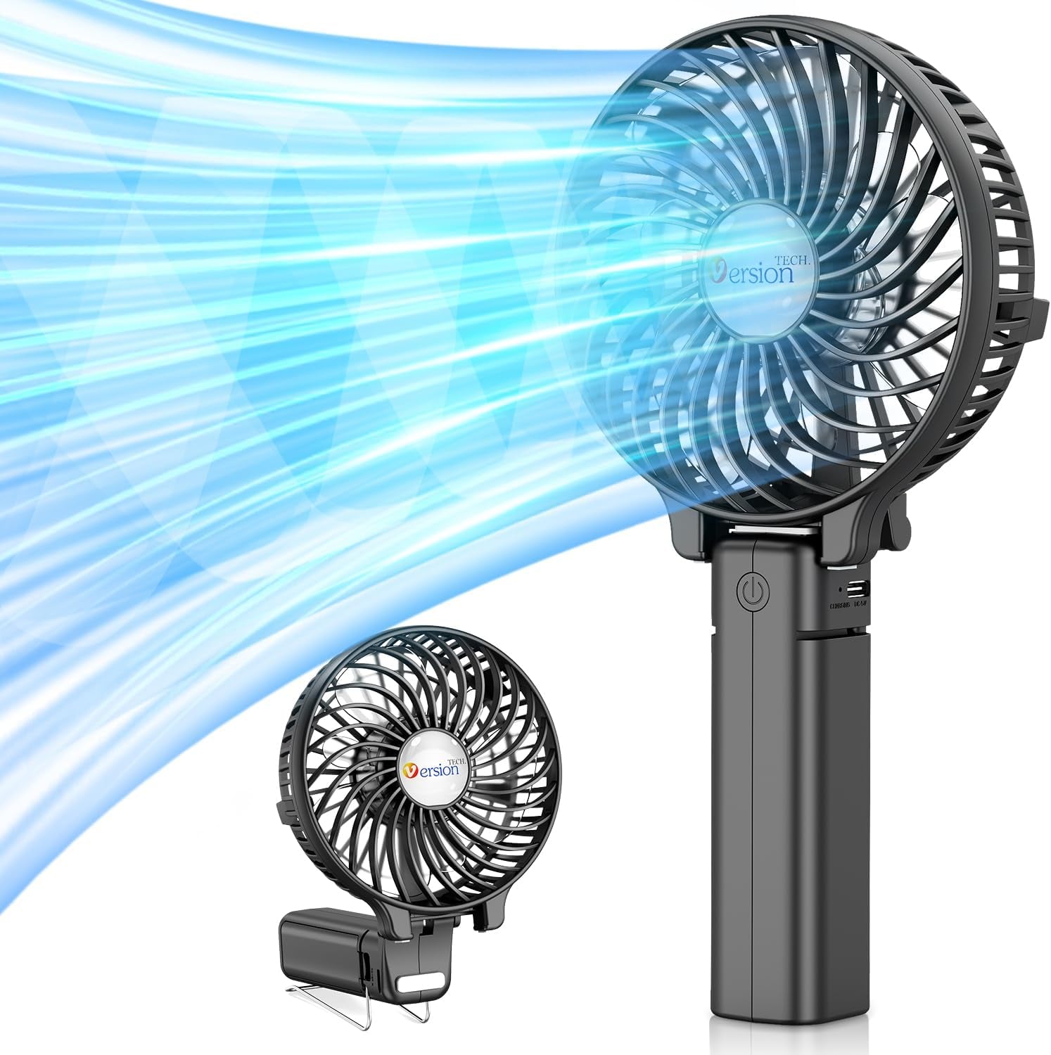 Versiontech Hand Held Fan,Portable Handheld USB Rechargeable Fans with 3 Speeds,Battery Operated Electric Powered Mini Foldable Desk Desktop Fans for Home Office Ceiling Travel Black