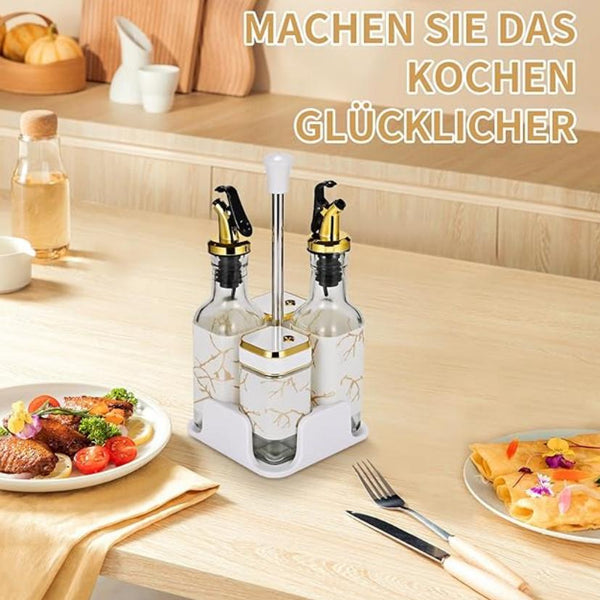 Set of 2 square spice jars with white screw caps + set of 2 glass olive oil bottles with bases - salt and pepper shaker set - vinegar and oil set - spice shaker set - spice jars - glass spice organizer
