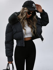 Winter Women's Short Cropped Puffer Jacket with Thickened Winter Coat - Elegant Long-Sleeve Zippered Outerwear, Lined Collar & Waist Pockets, Machine Washable for Casual Winter Wear, Everyday Outfits & Light Outdoor