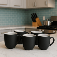 Set of 4 Black Gloss Tea & Coffee Mugs – 350ml Ceramic Cups Kitchenware