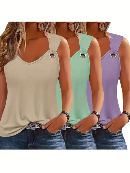 Three-Pack Women's Tank Tops Summer Sleeveless Loose Fit Eyelet Neck Solid Color Basic Shirts