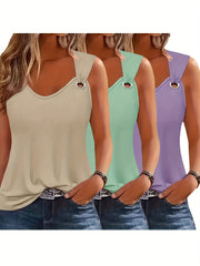 Three-Pack Women's Tank Tops Summer Sleeveless Loose Fit Eyelet Neck Solid Color Basic Shirts