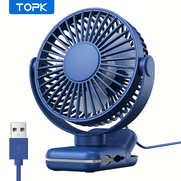 TOPK USB Clip-On Fan, 3-Speed Adjustable Airflow, 720° Flexible Rotation, Low Noise Operation, Portable Clamp Fan for Home, Office, Library, Blue