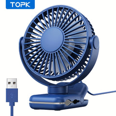 TOPK USB Clip-On Fan, 3-Speed Adjustable Airflow, 720° Flexible Rotation, Low Noise Operation, Portable Clamp Fan for Home, Office, Library, Blue