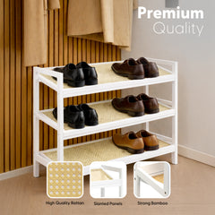 KEPLIN 2/3/4-Tier Bamboo and Rattan Shoe Rack Organizer – Durable, Easy Assembly – Compact Design for Entryway, Closet, or Hallway – Stylish and Functional Storage – Black and Natural