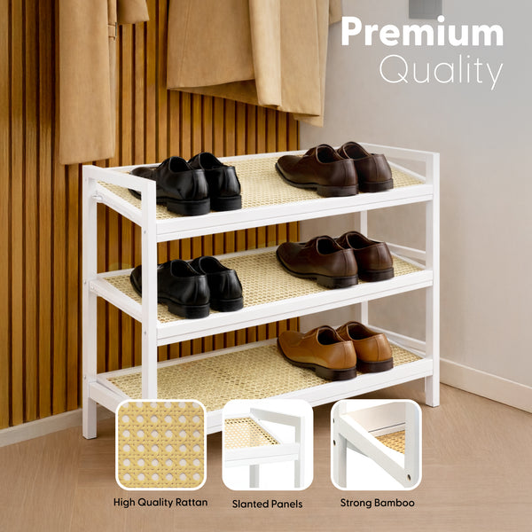 KEPLIN 2/3/4-Tier Bamboo and Rattan Shoe Rack Organizer – Durable, Easy Assembly – Compact Design for Entryway, Closet, or Hallway – Stylish and Functional Storage – Black and Natural