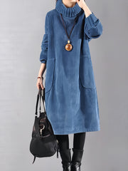 Women'S Elegant Corduroy Dress - Long Sleeve Turtleneck Loose Fit Winter Warm Dress with Pockets, Solid Color (Navy/) - Cozy Fall/Winter