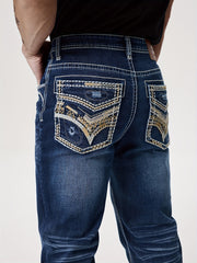 Men'S Elastic Washed Denim Jeans with Thick Line Embroidery on The Front And Back Pockets