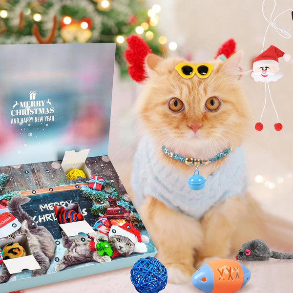Izoel Cat Advent Calendar 2025 Christmas Interactive Toys for Indoor Christmas Gifts Collars Bow Tie Feather Toys Fish Fake Mouse Bell Balls for Cat Lover Gifts