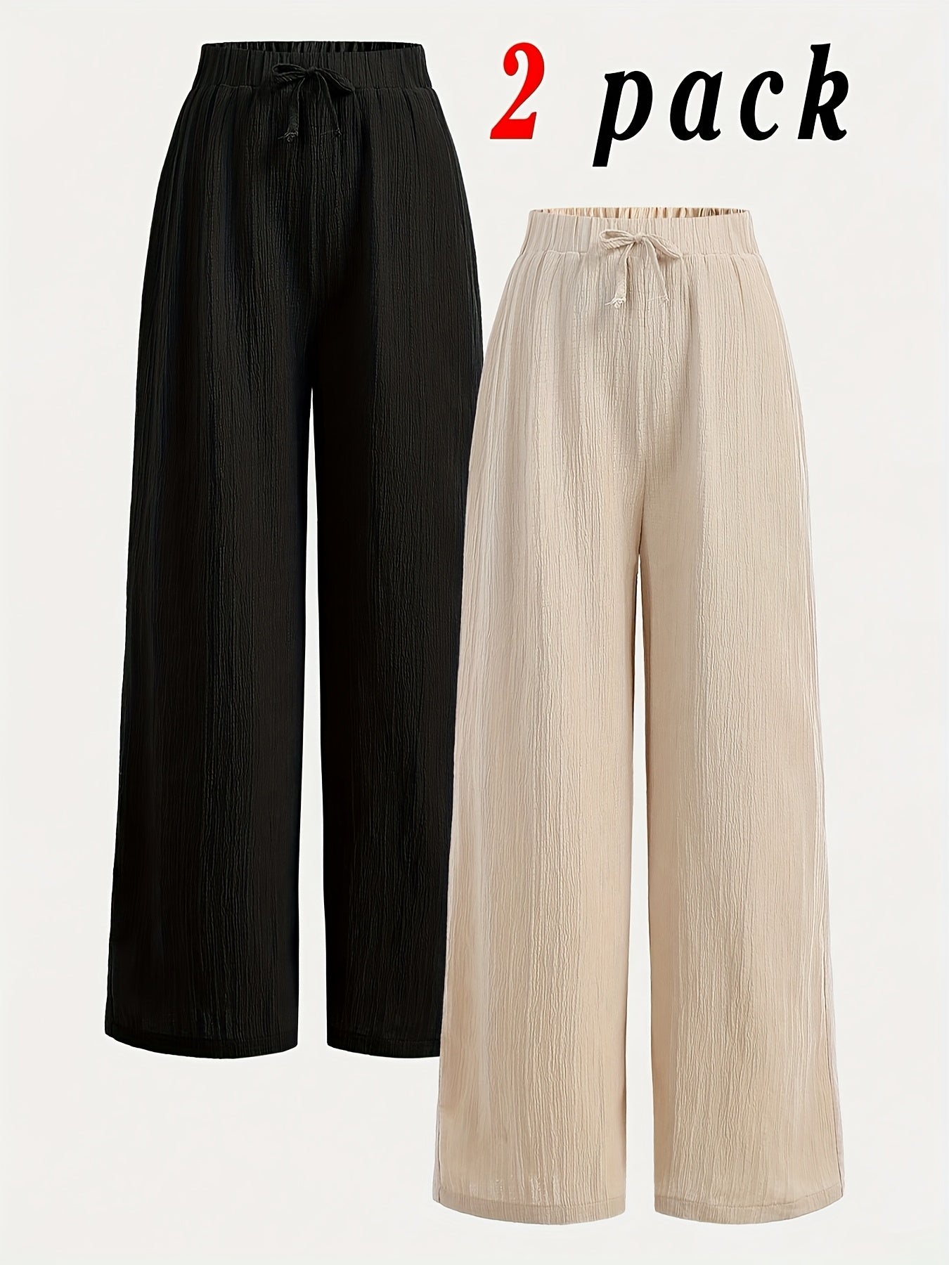 2pcs Women's Wide-Leg Pants with Elastic High Waist Loose Fit Straight Leg + Step