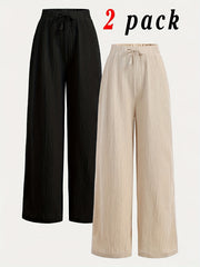 2pcs Women's Wide-Leg Pants with Elastic High Waist Loose Fit Straight Leg + Step