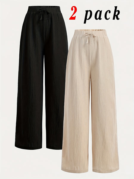 2pcs Women's Wide-Leg Pants with Elastic High Waist Loose Fit Straight Leg + Step