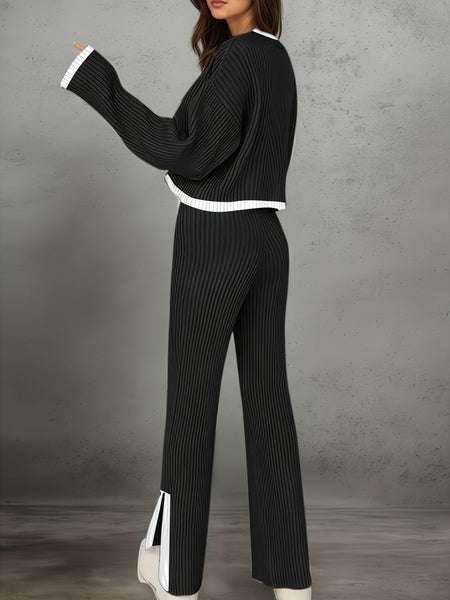 Women'S Short Color-Blocked Long-Sleeve Top with Solid Color Pants, a Casual And Stylish Outfit for Christmas
