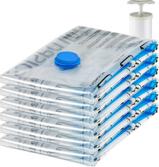 Amazon Basics Vacuum Compression Zipper Storage Bags with Airtight Valve and Hand Pump, Large, 5-Pack, Clear