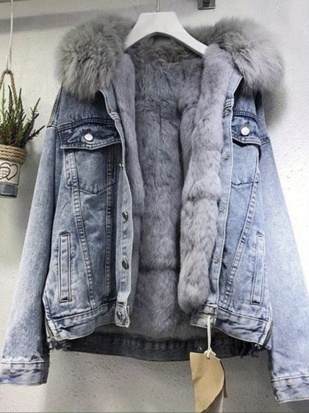 Women's Cozy -Lined Denim Jacket - Casual Long Sleeve Outerwear, Loose Fit, Button-Up Front, Flap Pockets, Solid Color, Perfect for Fall/Winter, Casual Winter Wear | Relaxed Fit Jacket | Lined Jacket