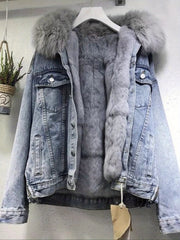 Women's Cozy -Lined Denim Jacket - Casual Long Sleeve Outerwear, Loose Fit, Button-Up Front, Flap Pockets, Solid Color, Perfect for Fall/Winter, Casual Winter Wear | Relaxed Fit Jacket | Lined Jacket