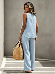 Spring Summer Women's Matching 2pcs Sets, V-Neck Sleeveless Button Top & Flowy Wide Leg Pants, Casual Resort Style Loungewear, Perfect for Summer Holiday, Staycation & Casual Outings, Holiday Essential