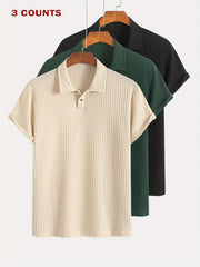 3pcs Set of Summer Casual Sporty Jacquard Knit Short-Sleeve Polo Shirts, 3pcs Jacquard Texture Short-Sleeve Polo Tops