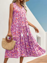Spring/Summer Vacation Women'S Sleeveless Bohemian Style Fringed Tie-Up Printed Dress