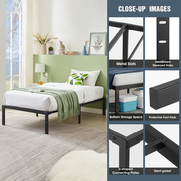 Black Single/Double/King Size Metal Platform Bed Frame With Stable Metal Support And Underbed Storage, 35.56cm Height Mattress Foundation, No Box Spring Needed, Easy Assembly