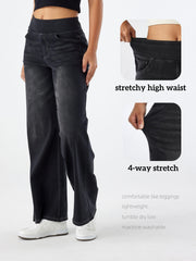 Women'S High-Waist Stretch Denim Wide-Leg Pants with Multiple Pockets, Distressed Vintage Casual Denim Long Pants