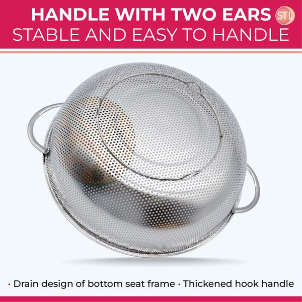 STL Steel Colander with Double Handles 16.5cm, Micro-Perforated for Draining Pasta, Rice, Fruits, Vegetables, Dishwasher Safe Kitchen Strainer, Metal Food Filter, Easy to Clean and Durable