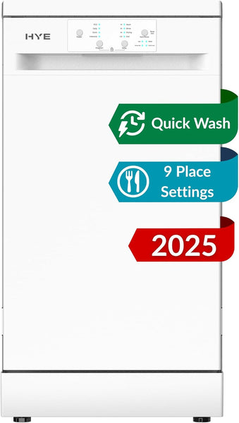HYE Slimline Dishwasher, 45Cm Small Dishwasher, Freestanding Dish Washer with a White Finish, Compact under Counter Design, 9 Place Settings, 29-Minute Quick Wash, 4 Programs [2025]