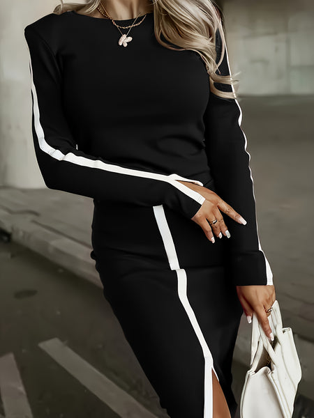 Ladies' Solid-color Slit 2pcs Dress Set ( Style) - This Sleeveless, Fitted Design with a High-waist Slit and Textured Is Perfect for Autumn and Winter, and Is an Excellent Choice for Office Casual Wear.