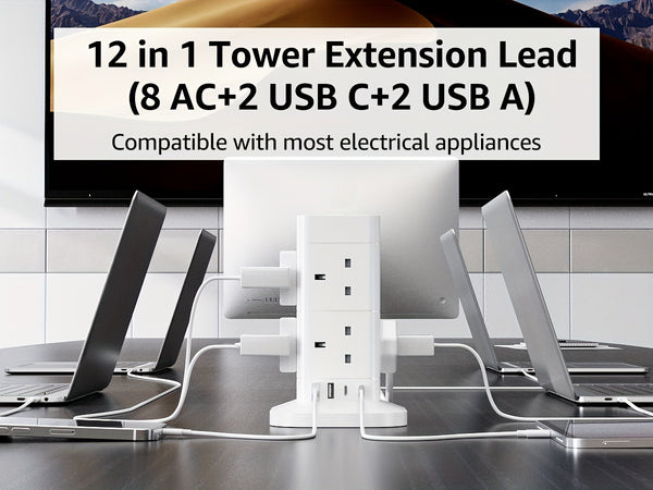 2M Tower Extension Lead With USB Slots, Hotimy 8 Way 4 USB (2 USB-A&2 USB C) Multi Plug Extension Tower, Surge Protected Extension Lead With Switch, 2 Meters Extension Cable For Home Office 13A 3250W