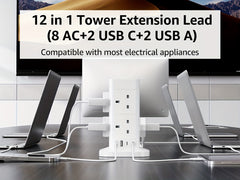 2M Tower Extension Lead With USB Slots, Hotimy 8 Way 4 USB (2 USB-A&2 USB C) Multi Plug Extension Tower, Surge Protected Extension Lead With Switch, 2 Meters Extension Cable For Home Office 13A 3250W