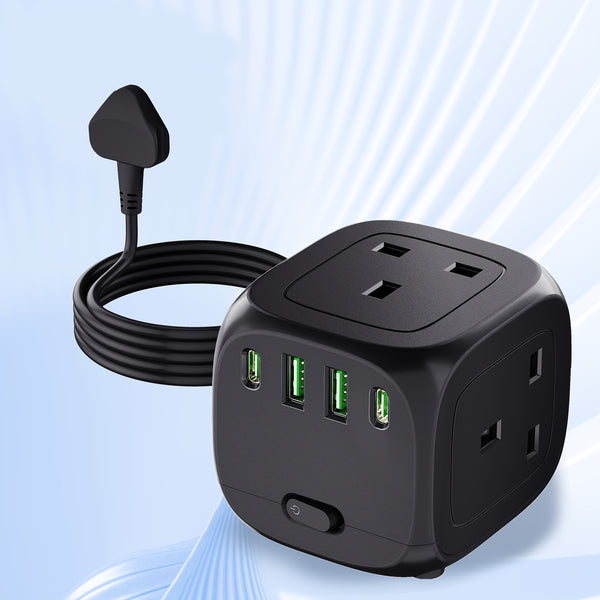 P34-UK HULKER Extension Lead with USB Slots 13A Power Strips 3 Way 4 USB Ports Surge Protector Smart Extension Lead UK Power Strips with 1.5m Bold Extension Cord 13A 3250W