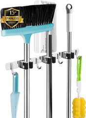 Broom and Mop Holder - Wall Mounted 5 Holders + 4 Hooks with Nails Installation, Stainless Steel, Self Adhesive, Heavy Duty Gripper