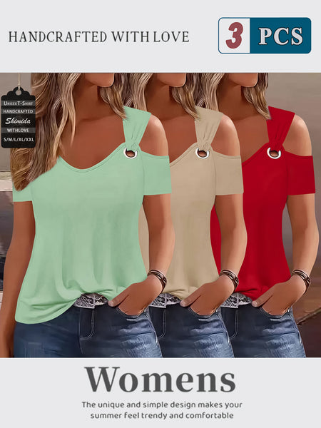 Three-Piece Summer Off-Shoulder Short-Sleeve T-Shirt, Casual Loose Eyelet V-Neck Solid Color Basic Off-Shoulder Short-Sleeve Top