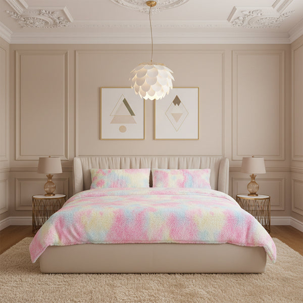 3-Piece Fluffy Tie Dye Duvet Cover Set - Pink Dreamy Princess Style, Romantic Enchanted Glamorous Bedding (1 Duvet + 2 Pillow Shams, No Insert, Easy Care)