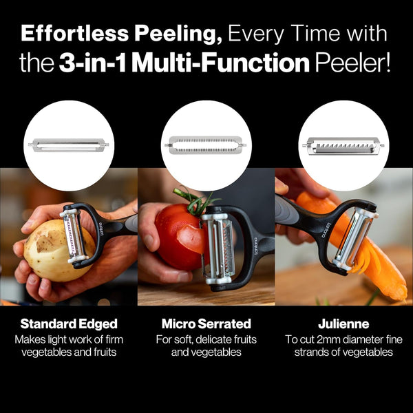 Lantana Potato Peeler + Micro-Serrated Veg Peeler + Julienne Slicer - 3 in 1 for Speed Peeling of Fruit & Vegetable - Black/Grey/Stainless Steel