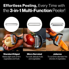 Lantana Potato Peeler + Micro-Serrated Veg Peeler + Julienne Slicer - 3 in 1 for Speed Peeling of Fruit & Vegetable - Black/Grey/Stainless Steel
