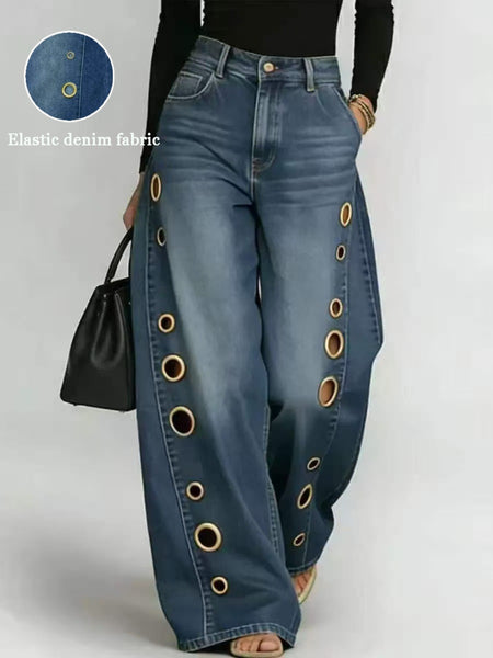 Women's Retro High Elasticity Denim Pants with Metal Circles Design- Long Versatile Jeans for Women, High-waist Trousers, Trendy Womens Clothes for Summer, All Seasons Style, Fabric, Hand Washable, Slim Fit, Suit for Daily Wear