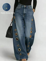 Women's Retro High Elasticity Denim Pants with Metal Circles Design- Long Versatile Jeans for Women, High-waist Trousers, Trendy Womens Clothes for Summer, All Seasons Style, Fabric, Hand Washable, Slim Fit, Suit for Daily Wear