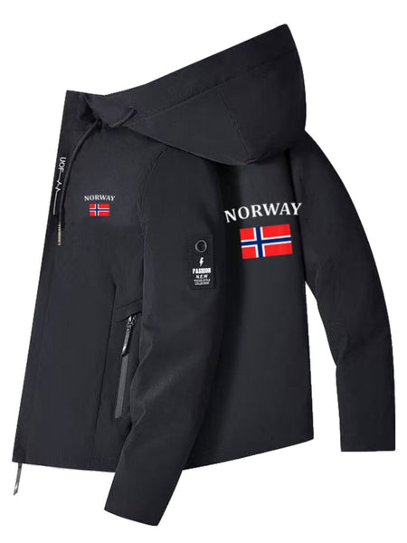 Men'S & Women'S Windproof Jacket with Norway Flag Print - All-Season Outdoor Windbreaker, Full-Zip Hooded Coat with Zippered Pockets, Machine Washable Polyester for Hiking, Camping, Travel - Beige/White Color Scheme, Hiking Gear, Casual Outerwear