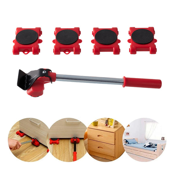 The 5pcs Red Heavy-Duty Furniture Moving Kit with Lift And Slider Moving Wheels Is an Easy-To-Move Tool Set Suitable for Moving Washing Machines, Refrigerators, Etc