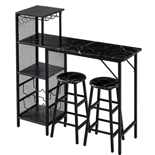 3pcs Bar Table and Stools Set, Kitchen Breakfast Bar Table and Chairs Set 2 with Cup Holder and Wine Rack, Bar Table Sets Furniture for Kitchen, Dining Room, Pub, Cafe