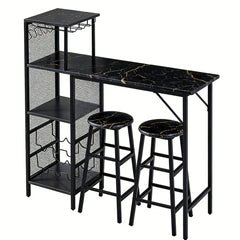 3pcs Bar Table and Stools Set, Kitchen Breakfast Bar Table and Chairs Set 2 with Cup Holder and Wine Rack, Bar Table Sets Furniture for Kitchen, Dining Room, Pub, Cafe