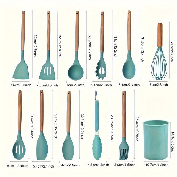 Silicone Kitchen Utensils Set with Holder 12pcs Cooking Utensils Set with Wooden Handle Heat Resistant Kitchen Gadgets Utensil Set Kitchen Additions