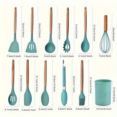 Silicone Kitchen Utensils Set with Holder 12pcs Cooking Utensils Set with Wooden Handle Heat Resistant Kitchen Gadgets Utensil Set Kitchen Additions