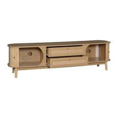 Natural Country Style TV Stand - Wood-Blend Cabinet With Doors Drawers, Rattan Sides, Practical Storage Solution For Living Room Home