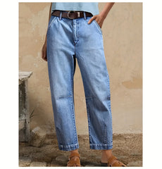 DD Women's 2026 New Stretchy Loose Cropped Jeans, Washed Blue Barrel Denim Trousers, Street Style Ladies' Outfit, Mid-waisted Pantalones with Pockets, 4 Seasons Weared Tummy Control Mom Pants Wide Leg Boyfriend Casual Pants for Travel Work and Office